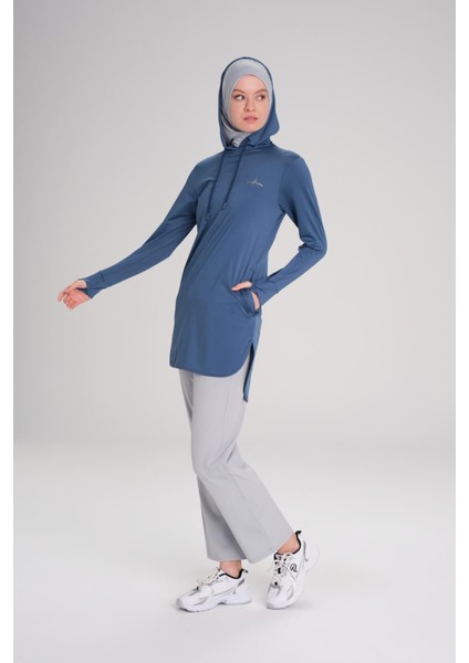 Active Uzun Kollu Kapüşonlu Mavi Tesettür Antrenman Tişörtü Act-6 modelleri