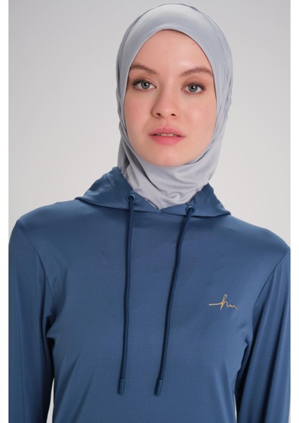 Active Uzun Kollu Kapüşonlu Mavi Tesettür Antrenman Tişörtü Act-6 fırsatları
