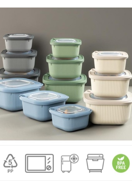 Mikrodalga Saklama Kabı 3’lü Set, Buzluk Buzdolabı Mikrodalga Uygun Kapaklı Set (600-1100-1800ML) Yeşil
