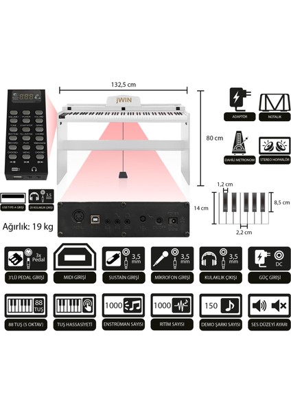 Sdp-92 Tuş Hassasiyetli 88 Tuşlu Kapaklı Dijital Piyano + Tabure - Beyaz fiyatları