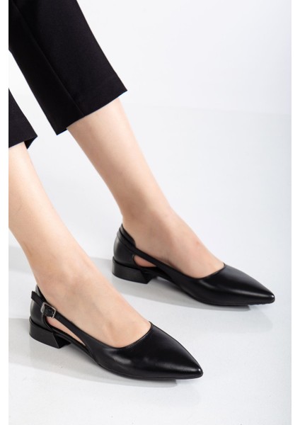 Kadın Günlük Karnı Yarık Sivri Burun Babet Siyah Cilt