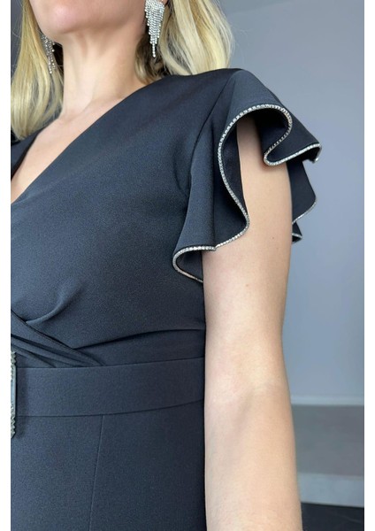 G1312 Taş Detaylı Tasarım Abiye Elbise Siyah