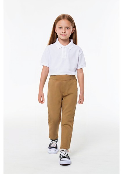 Kız Çocuk Eşofman Beli Lastikli Eşofman,bej Renk Eşofman Alt, Keten Gabardin Kumaş Okul Eşofman