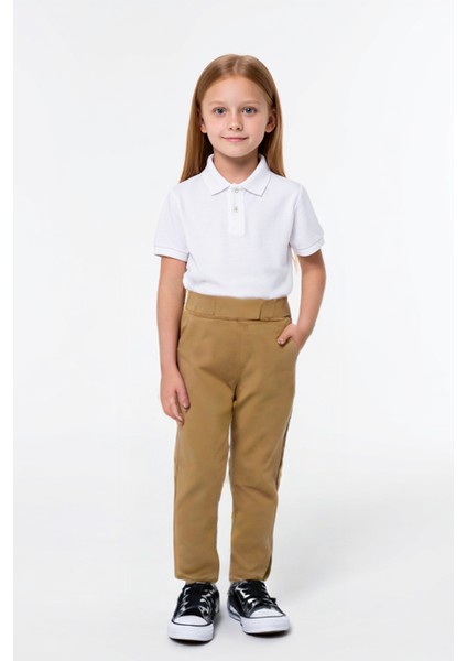 Kız Çocuk Eşofman Beli Lastikli Eşofman,bej Renk Eşofman Alt, Keten Gabardin Kumaş Okul Eşofman modelleri