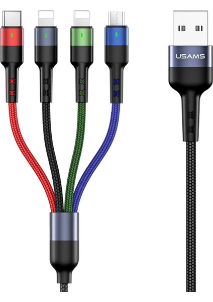 US-SJ317 4in1 2*lightning 1*type-C 1*micro Uçlu 1.2m 2A Örgülü Renkli Şarj ve Data Kablosu