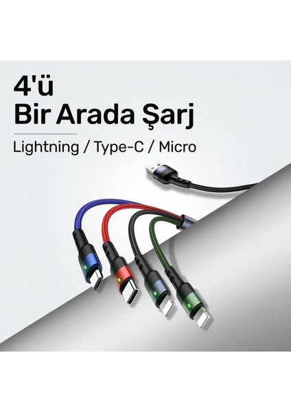 US-SJ317 4in1 2*lightning 1*type-C 1*micro Uçlu 1.2m 2A Örgülü Renkli Şarj ve Data Kablosu fiyatları
