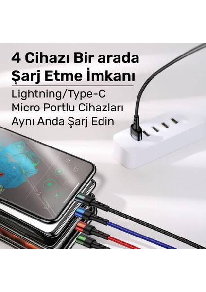 US-SJ317 4in1 2*lightning 1*type-C 1*micro Uçlu 1.2m 2A Örgülü Renkli Şarj ve Data Kablosu fırsatları