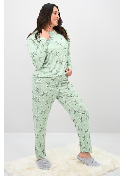 Kadın Büyük Beden Çiçek Desenli Uzun Kollu Pijama Takımı 4235-25 modelleri