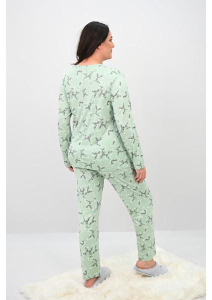 Kadın Büyük Beden Çiçek Desenli Uzun Kollu Pijama Takımı 4235-25 fırsatları