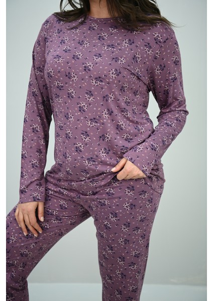 Kadın Büyük Beden Çiçek Desenli Uzun Kollu Pijama Takımı 4235-25