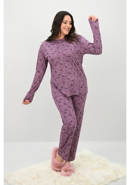Kadın Büyük Beden Çiçek Desenli Uzun Kollu Pijama Takımı 4235-25 fiyatları