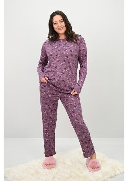 Kadın Büyük Beden Çiçek Desenli Uzun Kollu Pijama Takımı 4235-25 modelleri