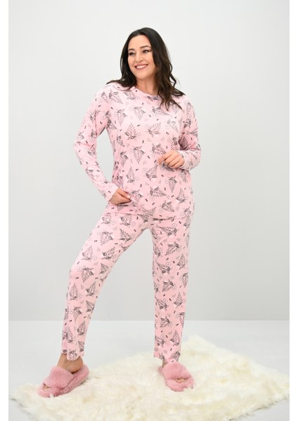 Kadın Büyük Beden Çiçek Desenli Uzun Kollu Pijama Takımı 4235-25