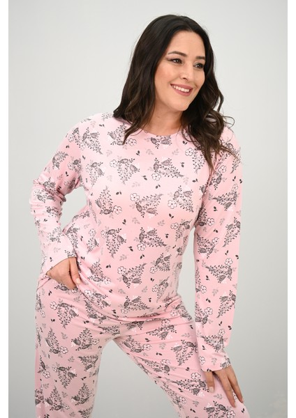 Kadın Büyük Beden Çiçek Desenli Uzun Kollu Pijama Takımı 4235-25 indirimleri