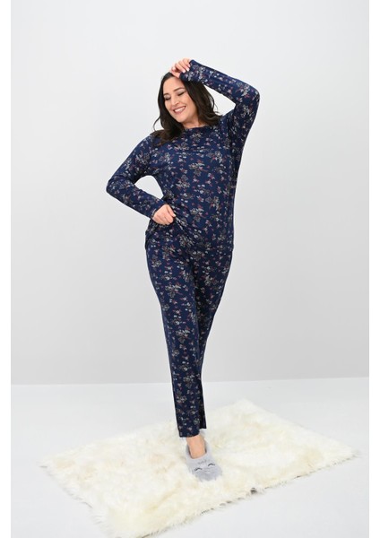 Kadın Büyük Beden Çiçek Desenli Uzun Kollu Pijama Takımı 4235-25
