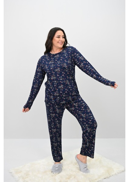 Kadın Büyük Beden Çiçek Desenli Uzun Kollu Pijama Takımı 4235-25 modelleri
