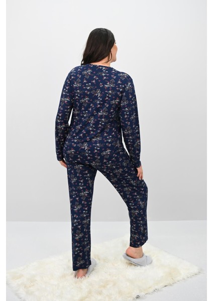 Kadın Büyük Beden Çiçek Desenli Uzun Kollu Pijama Takımı 4235-25 indirimleri