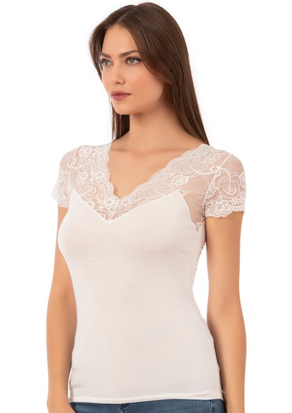 Özkan 26947 Kadın Pamuklu Modal Esnek Yumuşak Önü Dantel Detaylı V Yaka Atlet modelleri