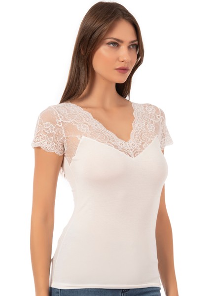 Özkan 26947 Kadın Pamuklu Modal Esnek Yumuşak Önü Dantel Detaylı V Yaka Atlet fırsatları