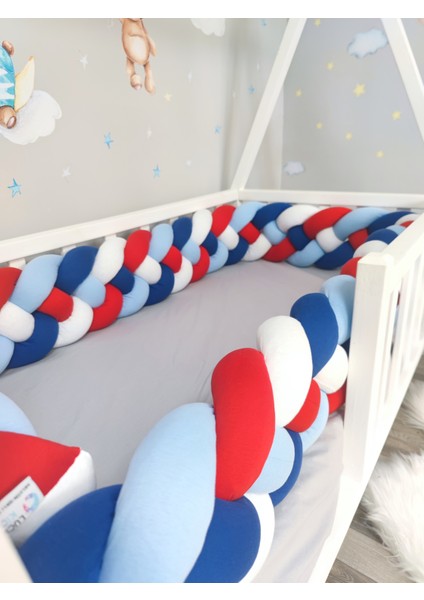 190 cm Örgü Korumalık Lacivert-Bebemavi-Kırmızı-Beyaz 4'lü Örgü Beşik Koruyucu