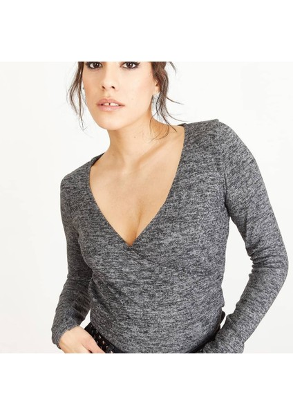 Kadın V Yaka Antrasit Uzun Kollu Bluz fiyatları