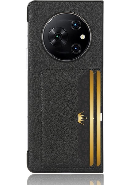 Tecno Phantom V Fold Siyah Için Litchi Doku Kart Yuvası Telefon Kılıfı (Yurt Dışından)