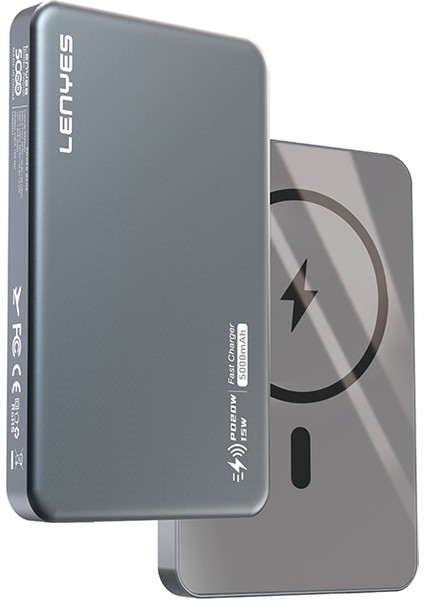 PW019D Pd 20W Ultra Ince Magsafe Wireless Powerbank 15W 5000 mAh Füme