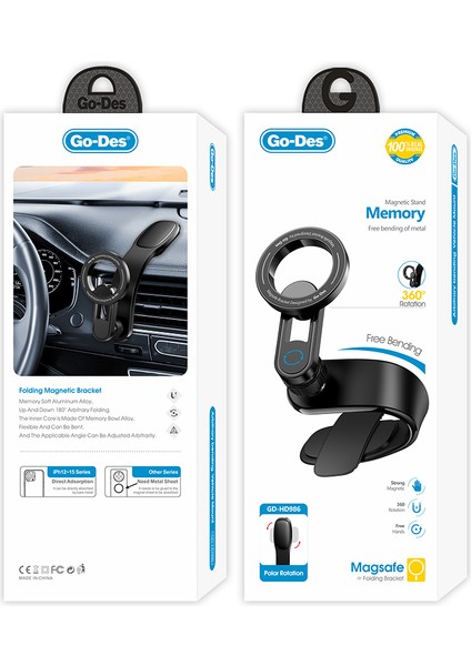 GD-HD986 Magnetik Magsafe Uyumlu Bükülebilen Eğimi ve Düz Zemin Araç Telefon Tutucu Siyah fiyatları