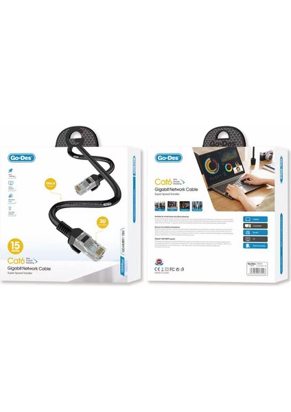 15 Metre RJ45 Ethernet Kablo Go Des GD-HM891 1000MBPS Aktarım Hızı Siyah