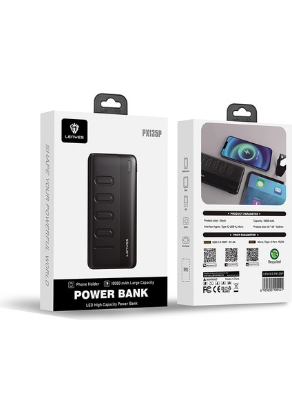 PX135P LED Işık Göstergeli Taşınabilir Powerbank 10W 10000 mAh Siyah fırsatları