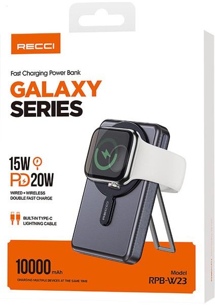 RPB-W23 Pd 20W Standlı Type-C ve Lightning Kablolu Magsafe Powerbank 15W 10000mAh Siyah