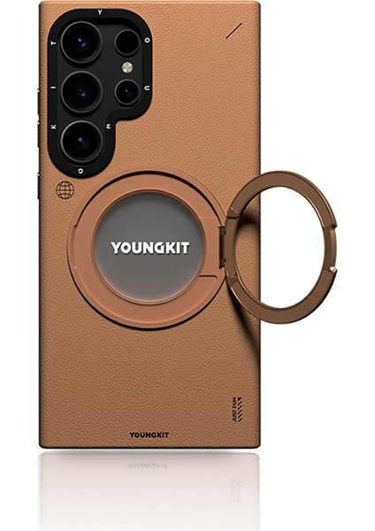 Galaxy S24 Ultra Kılıf Magsafe Uyumlu 360 Standlı Mat Deri Youngkit Tech Leather Kapak Kahverengi