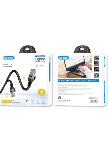 5 Metre RJ45 Ethernet Kablo Go Des GD-HM891 1000MBPS Aktarım Hızı Siyah