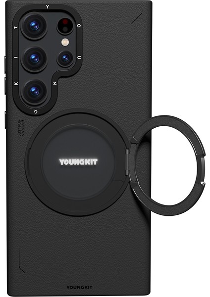 Galaxy S23 Ultra Kılıf Magsafe Uyumlu 360 Standlı Mat Deri Youngkit Tech Leather Kapak Siyah