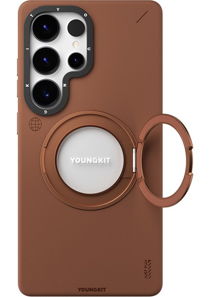 Galaxy S25 Ultra Kılıf Magsafe Uyumlu 360 Standlı Mat Deri Youngkit Tech Leather Kapak Kahverengi