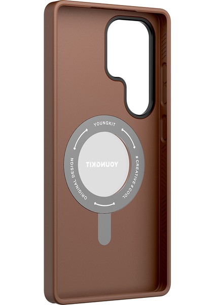 Galaxy S25 Ultra Kılıf Magsafe Uyumlu 360 Standlı Mat Deri Youngkit Tech Leather Kapak Kahverengi modelleri