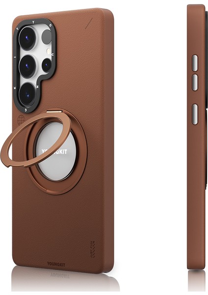 Galaxy S25 Ultra Kılıf Magsafe Uyumlu 360 Standlı Mat Deri Youngkit Tech Leather Kapak Kahverengi indirimleri
