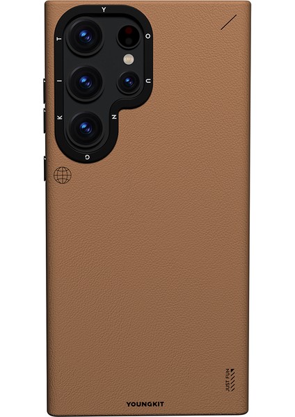 Galaxy S23 Ultra Kılıf Magsafe Uyumlu Mat Deri Desenli Youngkit Tech Fashion Kapak Kahverengi