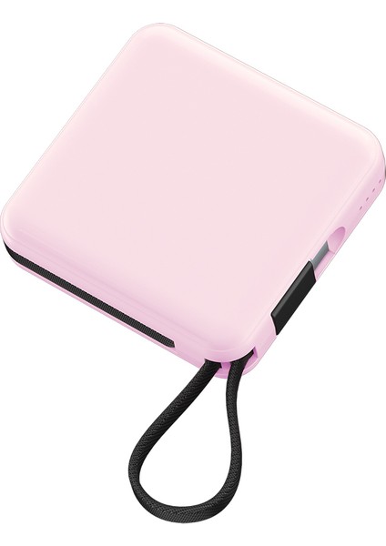 Lightning ve Type-C Kablolu Dijital LED Göstergeli Askılı Powerbank 5000 mAh Pembe