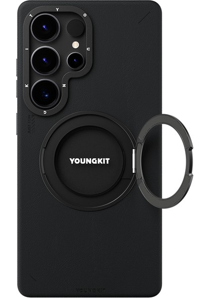 Galaxy S25 Ultra Kılıf Magsafe Uyumlu 360 Standlı Mat Deri Youngkit Tech Leather Kapak Siyah