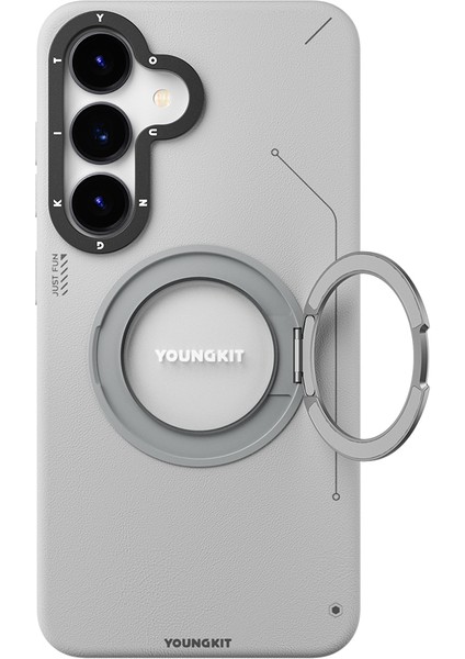 Galaxy S25 Kılıf Magsafe Uyumlu 360 Standlı Mat Deri Desenli Youngkit Tech Leather Kapak Gri