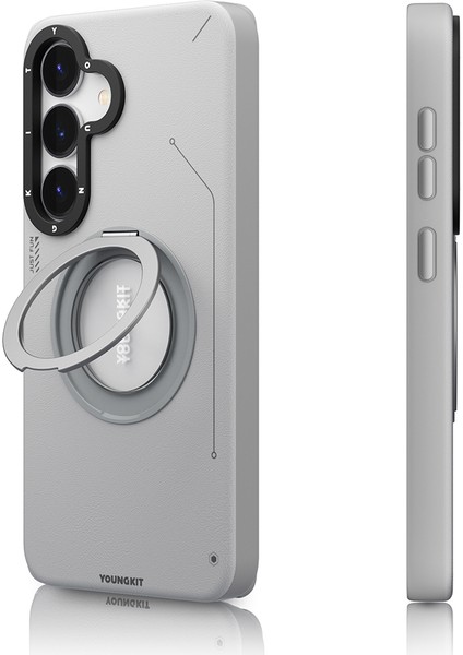 Galaxy S25 Kılıf Magsafe Uyumlu 360 Standlı Mat Deri Desenli Youngkit Tech Leather Kapak Gri fiyatları