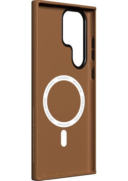 Galaxy S23 Ultra Kılıf Magsafe Uyumlu Mat Deri Desenli Youngkit Tech Fashion Kapak Kahverengi modelleri
