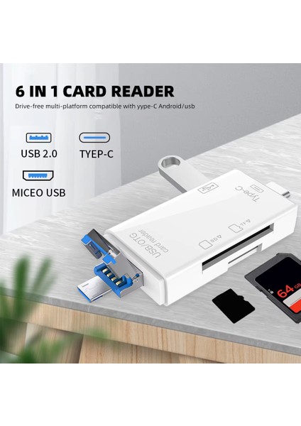 USB 2.0 6 In 1 Kart Okuyucu ve USB Çoklayıcı – Type-C, Micro Usb, Sd/tf Kart Desteği ZR826