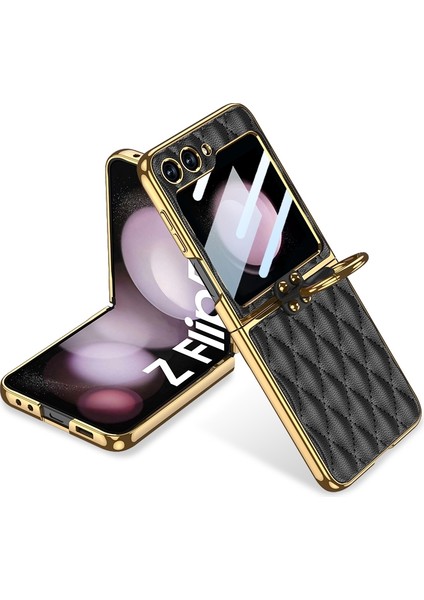 Samsung Galaxy Z Flip5 Siyah Için Gkk Ectroplating Deri Kılıf (Yurt Dışından)