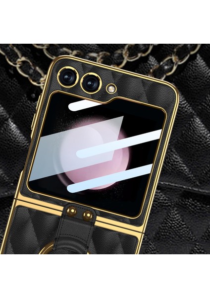 Samsung Galaxy Z Flip5 Siyah Için Gkk Ectroplating Deri Kılıf (Yurt Dışından)