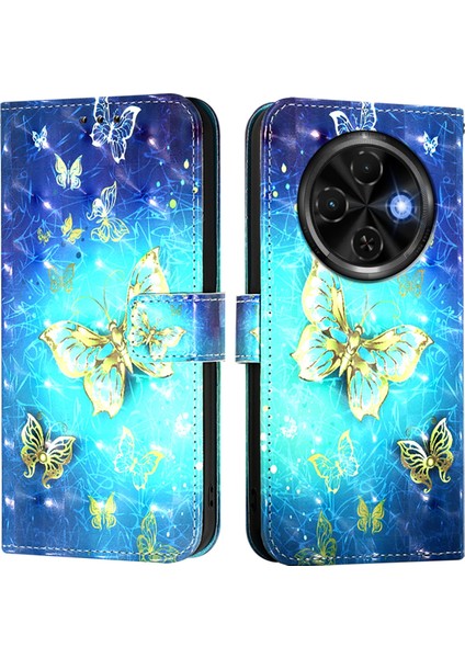 Tecno Spark 30C Altın Kelebek Için 3D Boyama Pu Kılıf (Yurt Dışından)