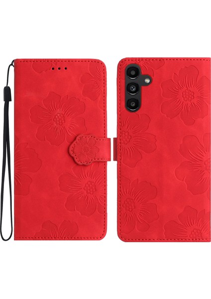 Samsung Galaxy A16 5g Kırmızı Çiçek Kabartmalı Deri Kılıf (Yurt Dışından)