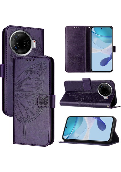 Tecno Camon 30 Pro Koyu Mor Için Kabartmalı Pu Kılıf (Yurt Dışından)