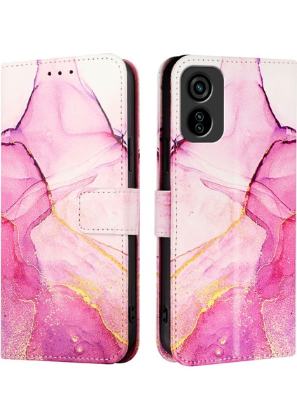 Tecno Pop 6c / Itel A18 Pembe Mor Altın Için Mermer Pu Telefon Kılıfı (Yurt Dışından)